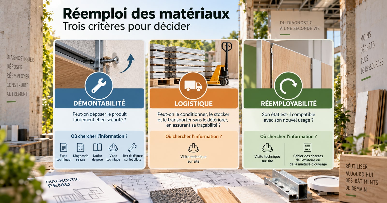 Infographie : les trois familles de critères du réemploi, démontabilité, logistique et réemployabilité, avec pour chacune la question posée et les sources où chercher l'information, dont le diagnostic PEMD pour la démontabilité.