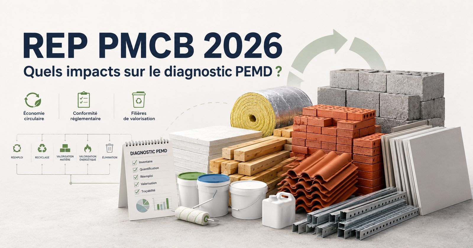 REP PMCB 2026 : quels impacts sur le diagnostic PEMD ? Matériaux de construction (blocs béton, briques, tuiles, bois, laine minérale, plaques de plâtre, rails métalliques) et checklist de diagnostic PEMD.